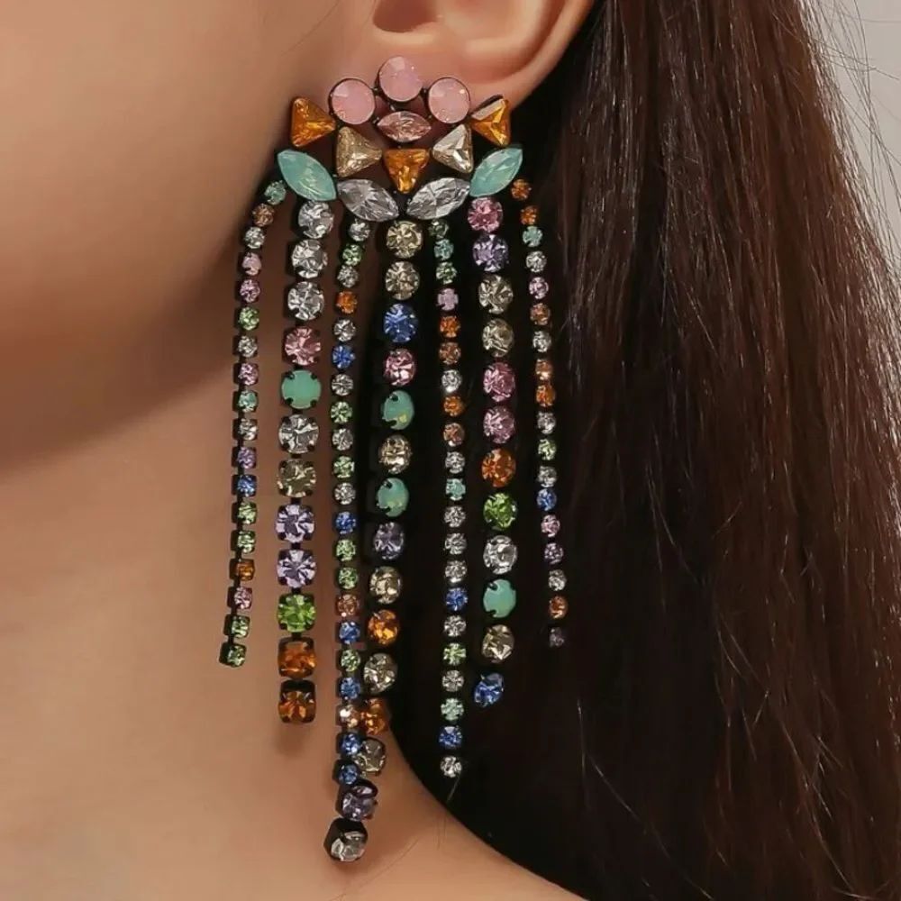 ✨🆕🔅Stunning Waterfall Tassel Rhinestone Statement Drop Earrings 🔅✨